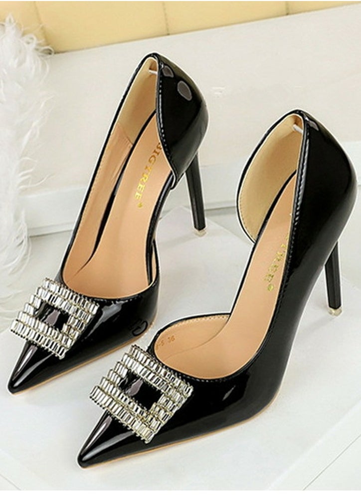 BIGTREE Women's Closed Pointed Toe Stiletto Pump Rhinestone Square Buckle Decoration High Heels Black 10.5 CM  - Image 1