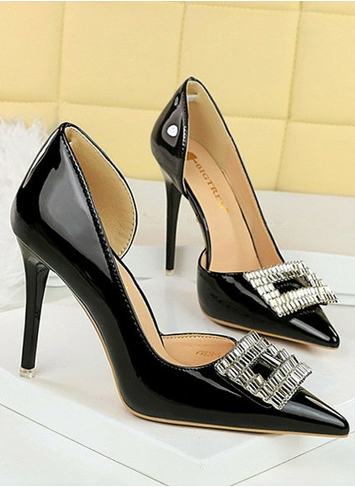 BIGTREE Women's Closed Pointed Toe Stiletto Pump Rhinestone Square Buckle Decoration High Heels Black 10.5 CM  - Image 2