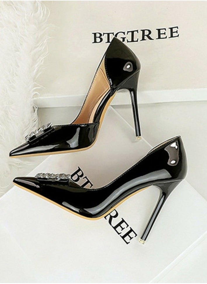 BIGTREE Women's Closed Pointed Toe Stiletto Pump Rhinestone Square Buckle Decoration High Heels Black 10.5 CM  - Image 3