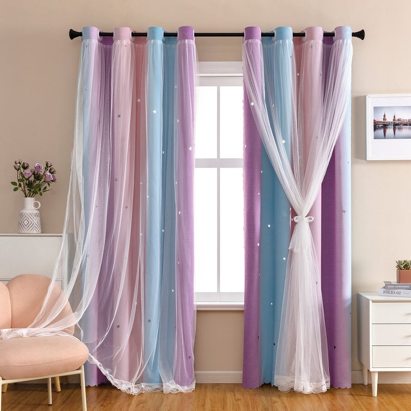 XiDi Dream Star Blackout Curtains for Kids Rooms Girl Princess Curtain for Daughter Bedroom Window Pink Purple W52 X L63