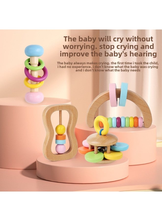 Wooden Rattle Four-piece Set Newborn Baby Orff Musical Instrument Infant Hand-held Rattle Early Education Grasping Toy-Color:Curved Hand Bell - Image 4