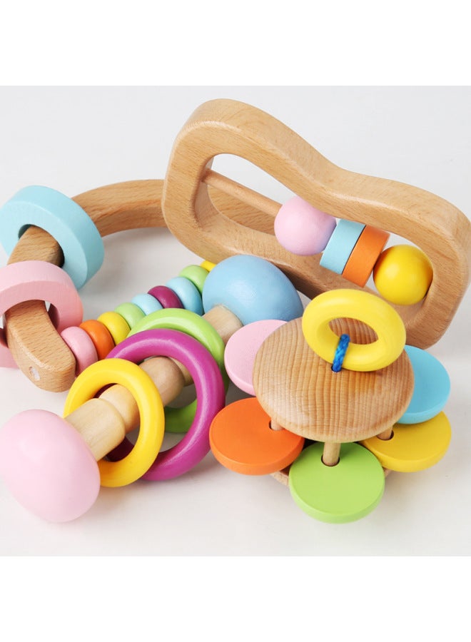 Wooden Rattle Four-piece Set Newborn Baby Orff Musical Instrument Infant Hand-held Rattle Early Education Grasping Toy-Color:Curved Hand Bell - Image 2