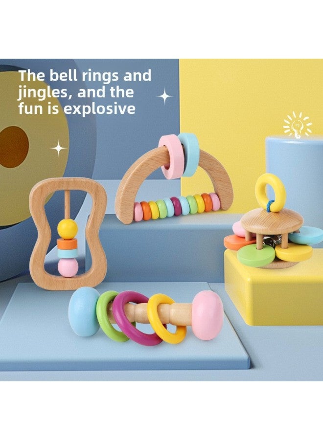 Wooden Rattle Four-piece Set Newborn Baby Orff Musical Instrument Infant Hand-held Rattle Early Education Grasping Toy-Color:Curved Hand Bell - Image 3