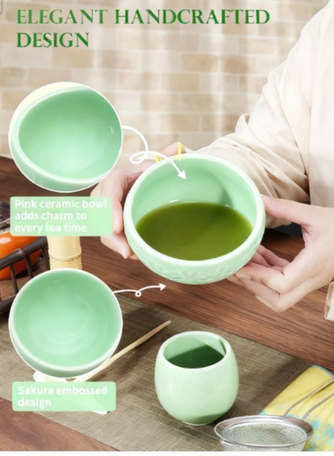 YUFAN Matcha Whisk Set 5 Pieces with Bowl Pouring Spout Bamboo Spoon Strainer Whisk Holder Traditional Japanese Tea Kit Elegant Gift Box for Personal and Daily Use - Image 4