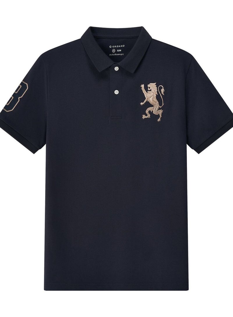 GIORDANO Men's 3D Lion Polo: Slim Fit, Bold Embroidery, Premium Pique - Image 1