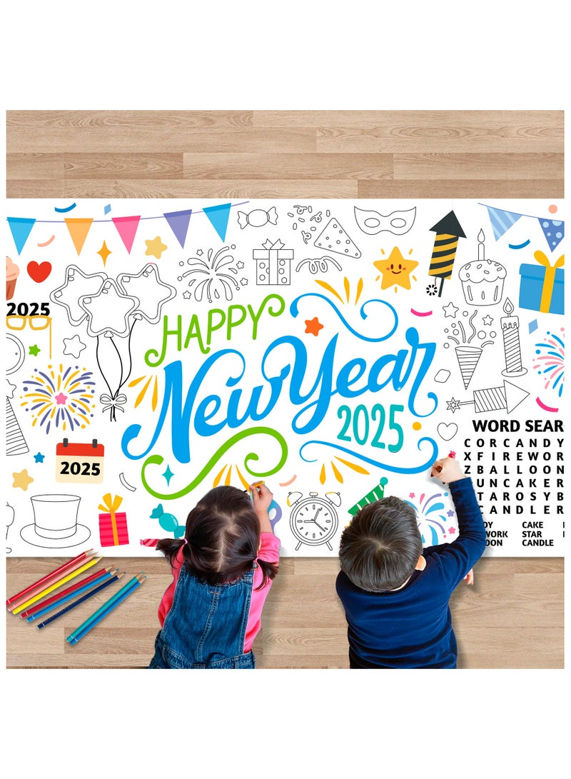 FRUITFUL PARTY Giant New Years Coloring Poster, 71''x31.5'' Happy New Year Large Coloring Poster, New Year Giant Coloring Poster Happy New Year Coloring Poster for Kids, for New Years Eve Party Supplies 2025 - Image 1