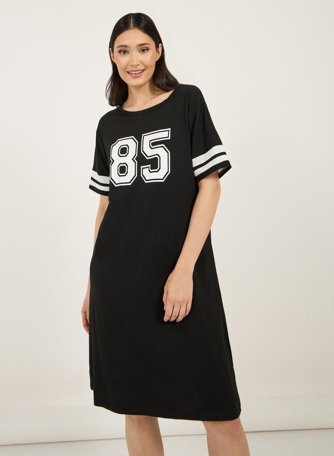 Styli Number Print Double Stripe Short Sleeves Sleep T-Shirt Dress  - Image 1
