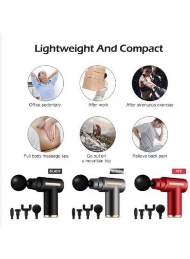 جهاز تدليك عضلات صغير مسدس محمول هادئ  يحتوي على 6 سرعات و4 رؤوس تدليك، مزود بمنفذ شحن USB-C، لتدليك اليد، الساق، الرقبة والكتف ( اسود ) - Image 3
