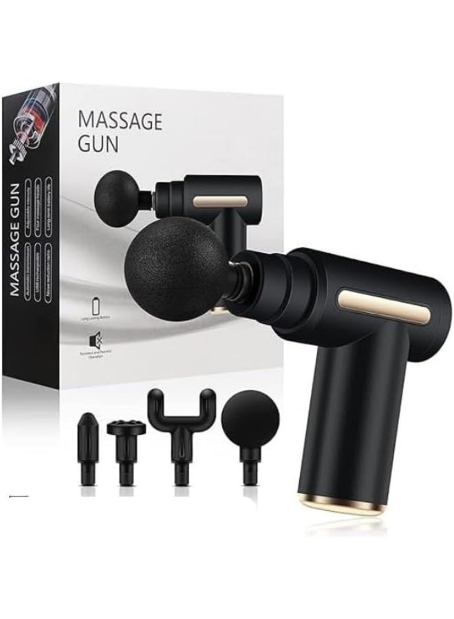 جهاز تدليك عضلات صغير مسدس محمول هادئ  يحتوي على 6 سرعات و4 رؤوس تدليك، مزود بمنفذ شحن USB-C، لتدليك اليد، الساق، الرقبة والكتف ( اسود ) - Image 1