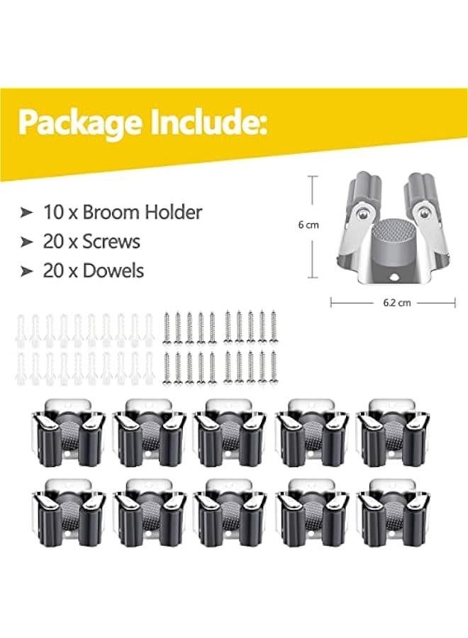 10 Pack Broom Holder Wall Mount, Mop and Broom Holder Wall Mount, Stainless Steel Command Broom Holder with Screws, Garden Tool Storage Organizer for Kitchen, Home, Bathroom, Garage, Grey - Image 2