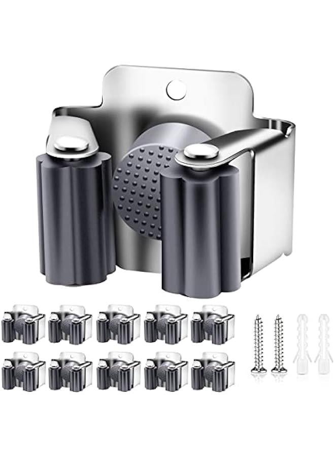10 Pack Broom Holder Wall Mount, Mop and Broom Holder Wall Mount, Stainless Steel Command Broom Holder with Screws, Garden Tool Storage Organizer for Kitchen, Home, Bathroom, Garage, Grey - Image 1
