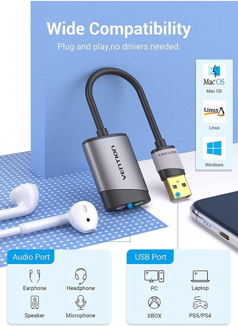 VENTION - VENTION USB External Sound Card to 3.5mm Audio Jack Adapter Headphone and Microphone for Windows,MAC,Linux,Laptop,Desktops,PS5 - Image 1