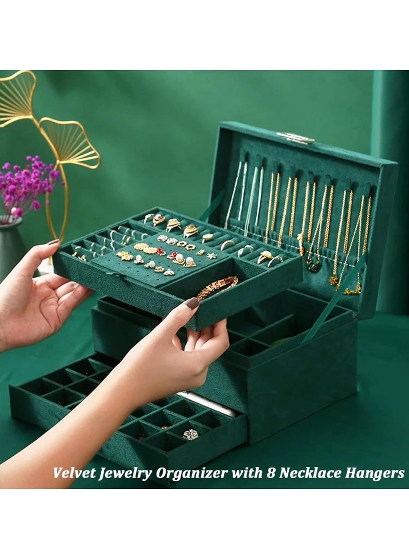 منظم مجوهرات بثلاث طبقات مع قفل، صندوق تخزين مجوهرات للنساء، داخلي من المخمل، صندوق تخزين الخواتم والعقود والأساور مع درج (أخضر) - Image 4