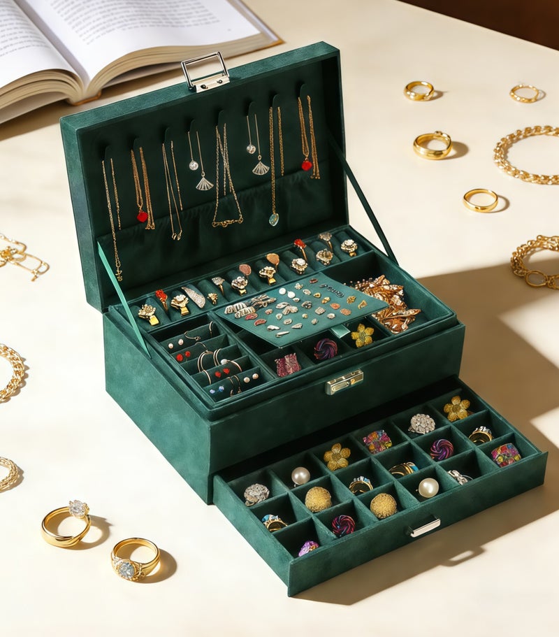 منظم مجوهرات بثلاث طبقات مع قفل، صندوق تخزين مجوهرات للنساء، داخلي من المخمل، صندوق تخزين الخواتم والعقود والأساور مع درج (أخضر) - Image 1