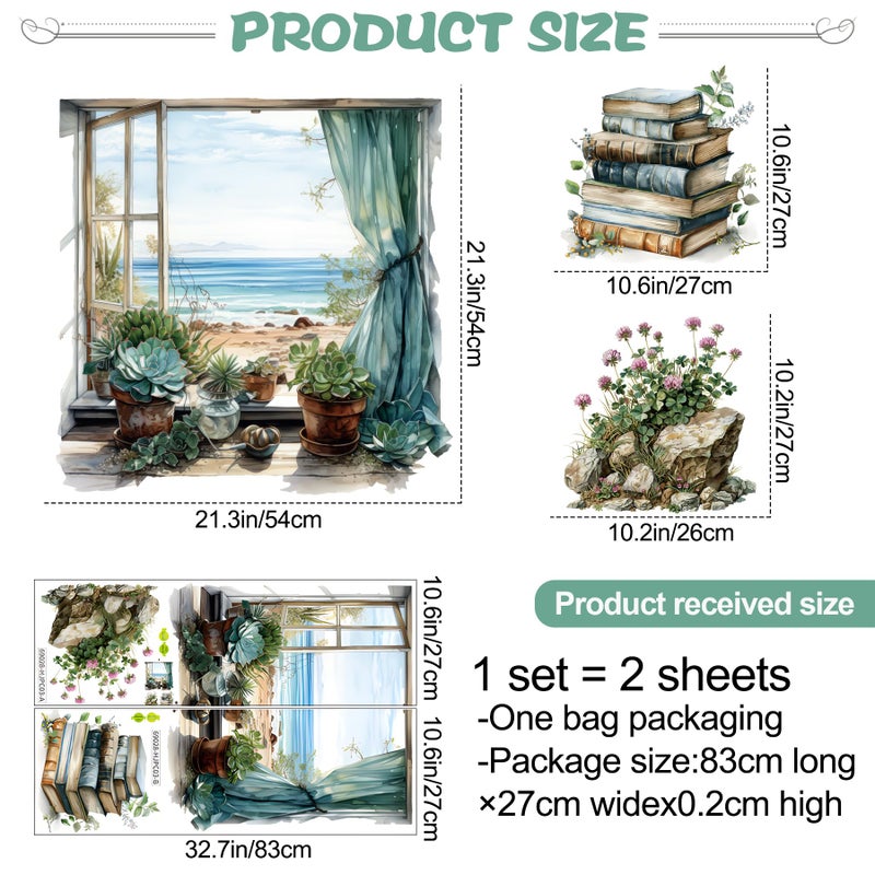DTLIFEK Sea Beach Fake Window Wall Stickers Succulents Potted Plants Wall Decals Pink Flowers Green Plant Books Wall Art Retro Theme Vinyl Removable Peel and Stick Wallpaper for Kids Nursery Home Decoration - Image 2