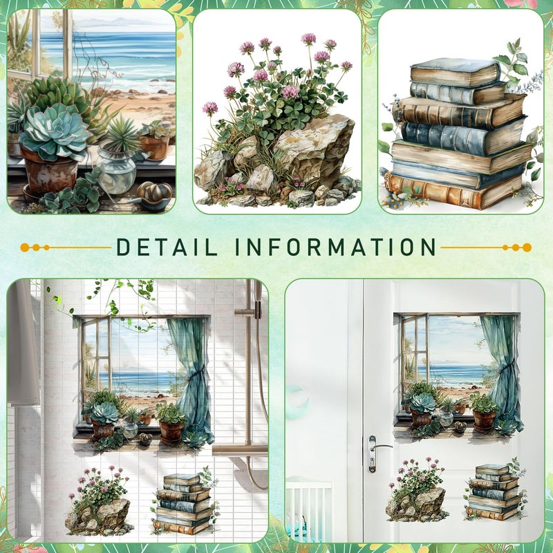 DTLIFEK Sea Beach Fake Window Wall Stickers Succulents Potted Plants Wall Decals Pink Flowers Green Plant Books Wall Art Retro Theme Vinyl Removable Peel and Stick Wallpaper for Kids Nursery Home Decoration - Image 3