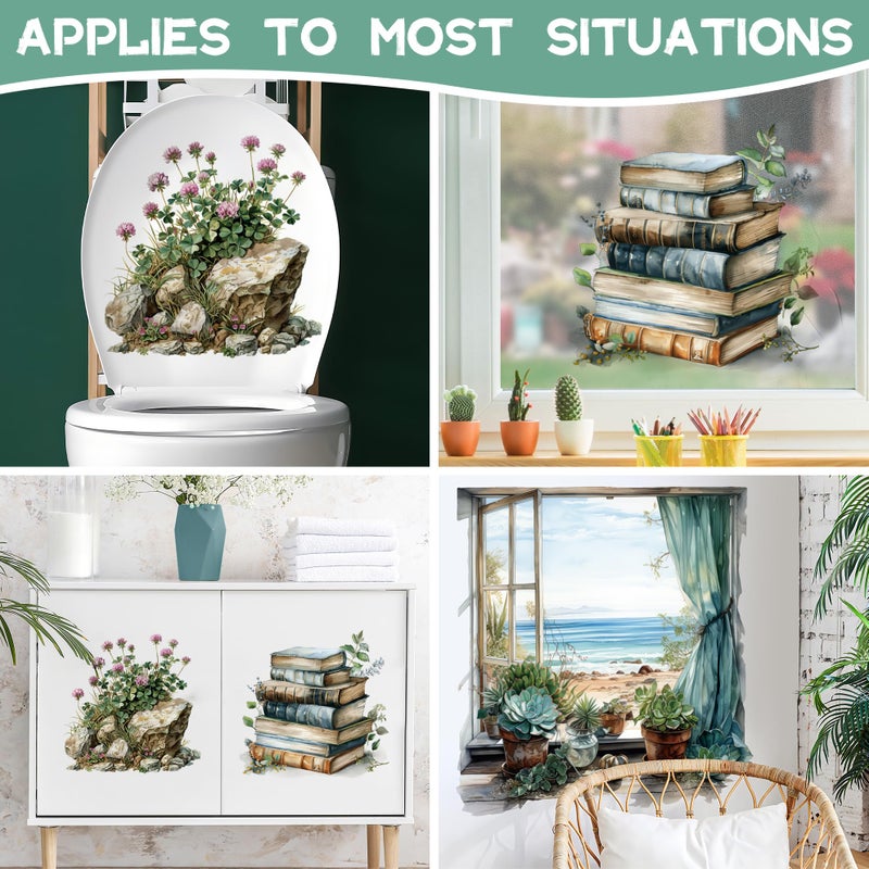 DTLIFEK Sea Beach Fake Window Wall Stickers Succulents Potted Plants Wall Decals Pink Flowers Green Plant Books Wall Art Retro Theme Vinyl Removable Peel and Stick Wallpaper for Kids Nursery Home Decoration - Image 4