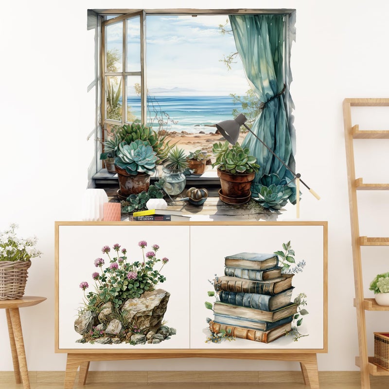 DTLIFEK Sea Beach Fake Window Wall Stickers Succulents Potted Plants Wall Decals Pink Flowers Green Plant Books Wall Art Retro Theme Vinyl Removable Peel and Stick Wallpaper for Kids Nursery Home Decoration - Image 5