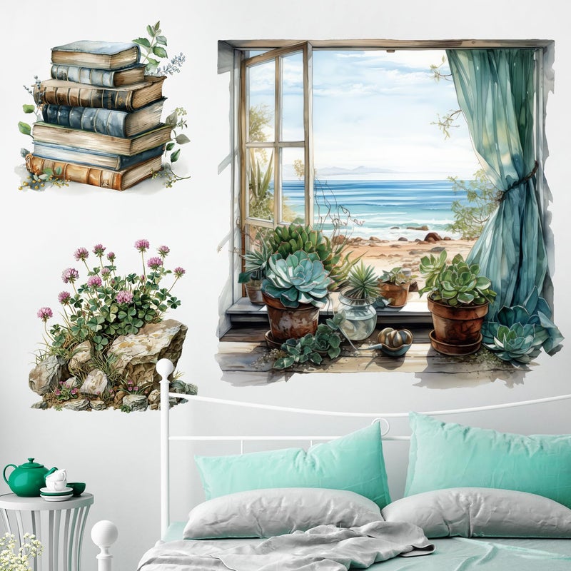 DTLIFEK Sea Beach Fake Window Wall Stickers Succulents Potted Plants Wall Decals Pink Flowers Green Plant Books Wall Art Retro Theme Vinyl Removable Peel and Stick Wallpaper for Kids Nursery Home Decoration - Image 1