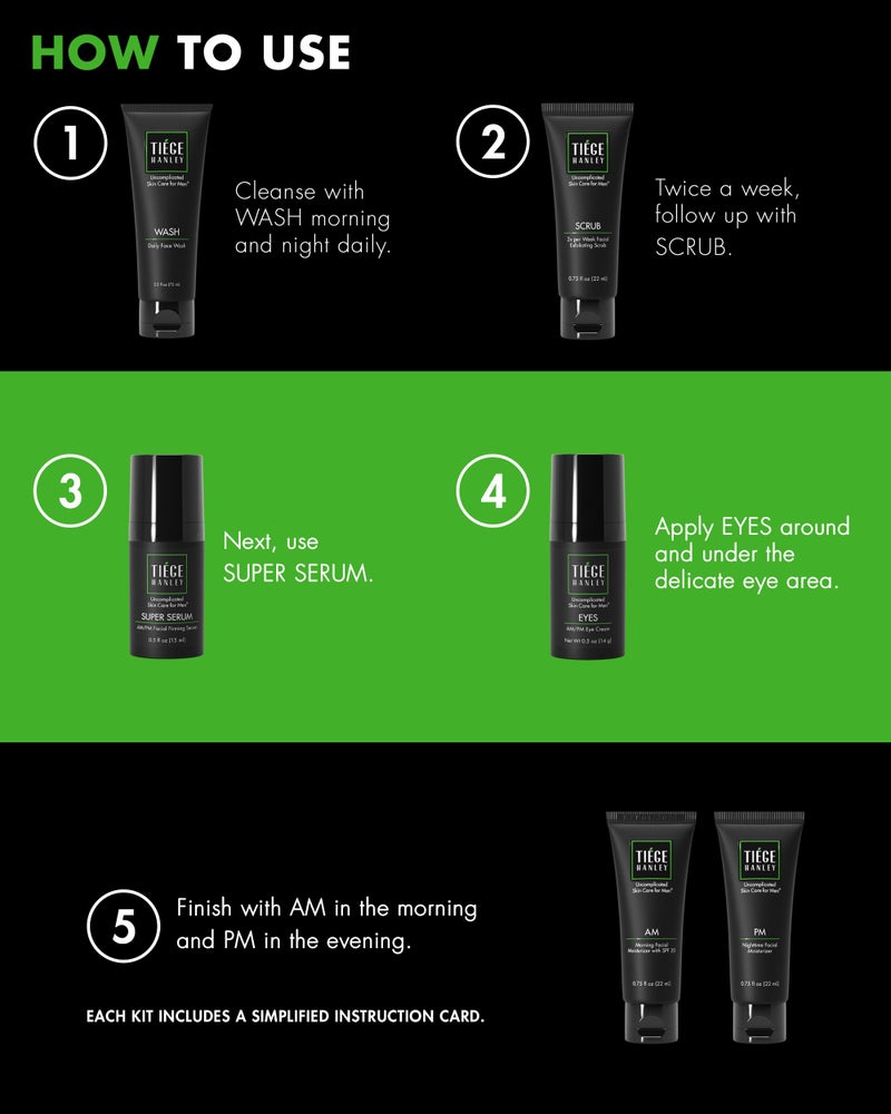 Tiege Hanley Skin Care Set for Men, Anti Aging Routine, System Level 3, Daily Face Wash, Facial Scrub, Two Moisturizers, Eye Cream, and Serum for Healthy, Hydrated Skin, Menâ€™s Skin Care, 6 Piece Kit - Image 5