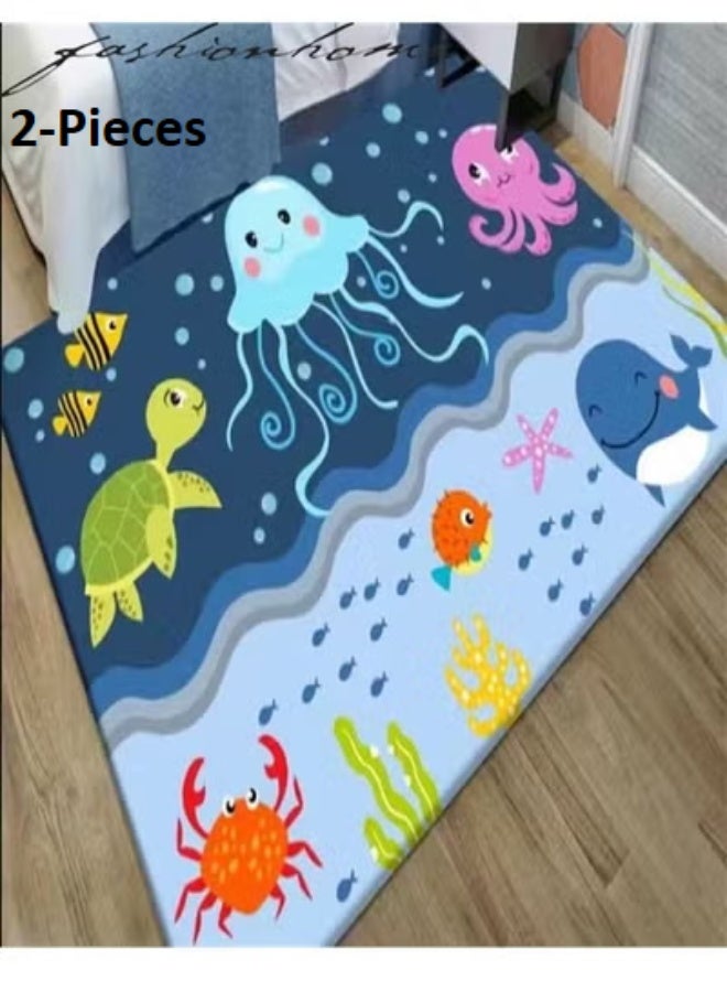 fashionhome 2 Pcs Classic Cartoon Ocean Animal Theme Baby Play Mat Kids Room Carpet Super Absorbent Decoration Rug for Bedroom Easy to Clean Playing Area Mat 100 x 200 Centimeter - Image 1