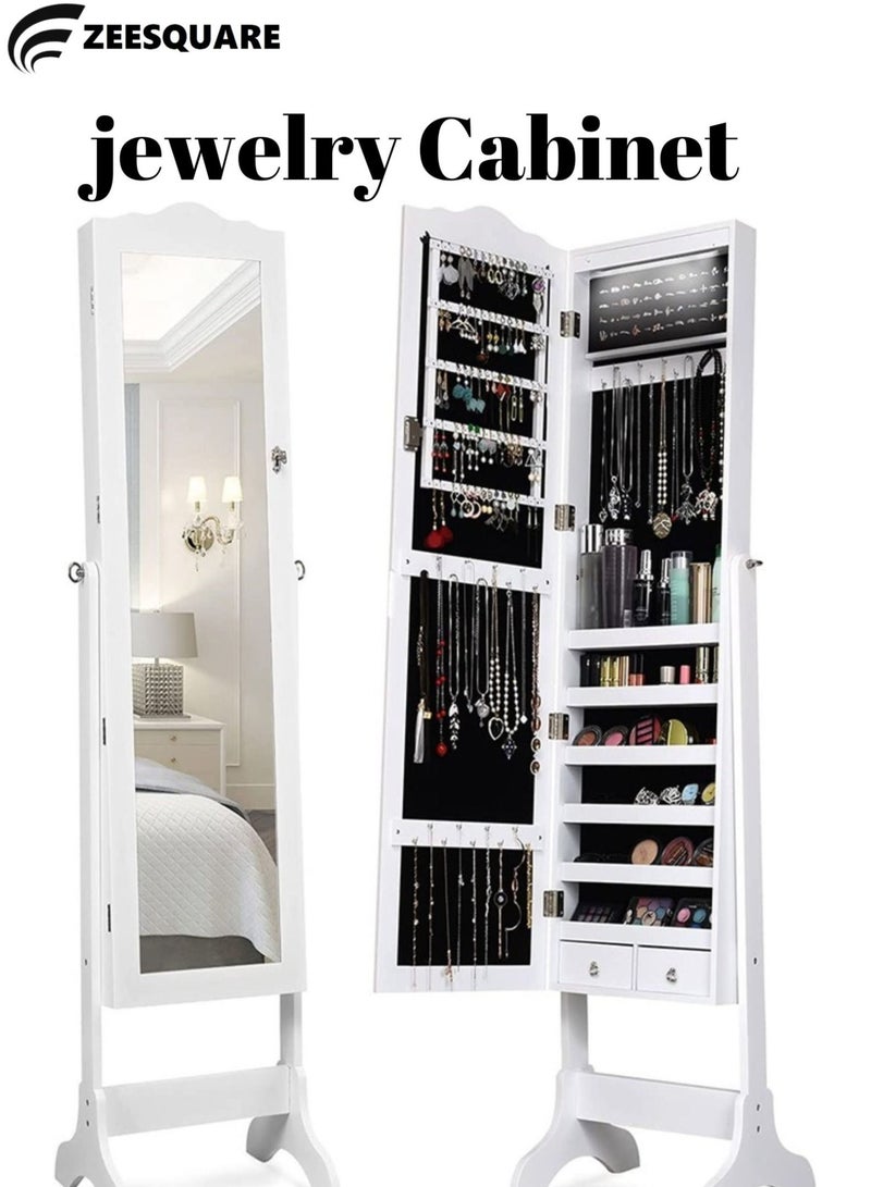 ZEESQUARE Luxury Lockable Jewellery Cabinet Armoire – Full Length Mirror with Real Glass, Soft Black Flannel Lining, Private Key Lock, and Spacious Storage for Earrings, Necklaces, and Rings  - Image 1