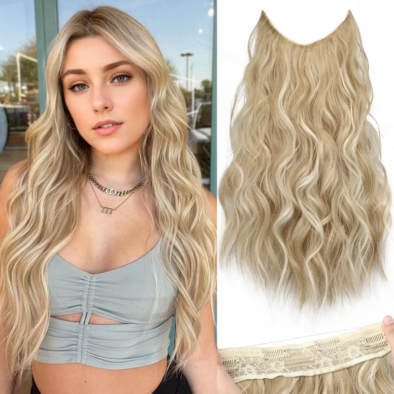 KooKaStyle Invisible Wire Hair Extensions with Transparent Wire Headband Adjustable Size 4 Secure Clips Long Wavy Synthetic Hairpiece for Women20inch Beige Blonde mix Lvory Blonde Highlights