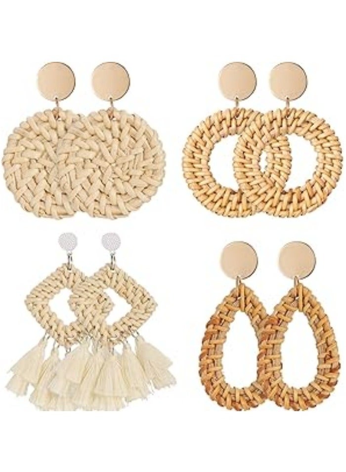 4 Pairs Rattan Earrings for Women Beach Essentials Tassel Dangle Boho Straw Earrings - Image 1