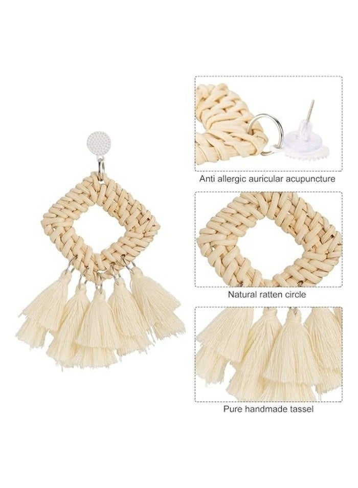 4 Pairs Rattan Earrings for Women Beach Essentials Tassel Dangle Boho Straw Earrings - Image 3