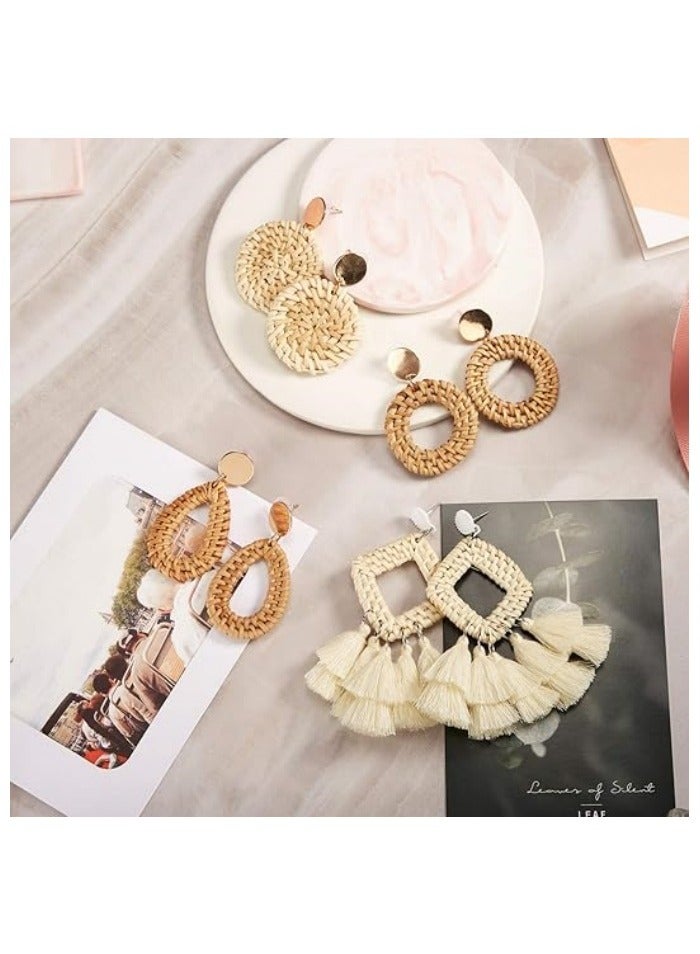 4 Pairs Rattan Earrings for Women Beach Essentials Tassel Dangle Boho Straw Earrings - Image 4