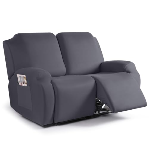 TAOCOCO Recliner Loveseat Slipcover, 2 Pieces Polyester Fabric Stretch Sofa Covers for 2 Seat Reclining Couch, Soft Washable Furniture Protector with Pockets (2 Seat, Dark Gray) - Image 1