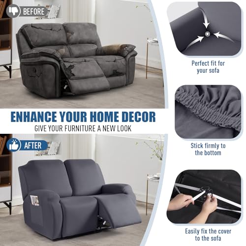 TAOCOCO Recliner Loveseat Slipcover, 2 Pieces Polyester Fabric Stretch Sofa Covers for 2 Seat Reclining Couch, Soft Washable Furniture Protector with Pockets (2 Seat, Dark Gray) - Image 5