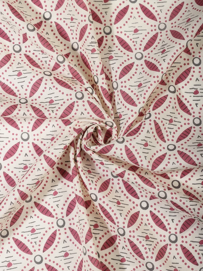 أيه كيه إس Geometric Mandala Petal Print Fabric - White - One Meter