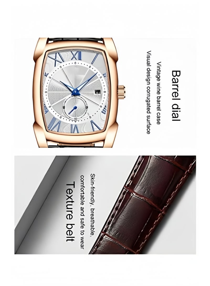 HALAMODO Men's Square Watch Roman Numeral Analog Quartz Wristwatch Vintage Leather Cuff Watch Luminous Pointer Scale Dial Brown Leather Strap Classic Business Casual Wrist Watch - Image 5