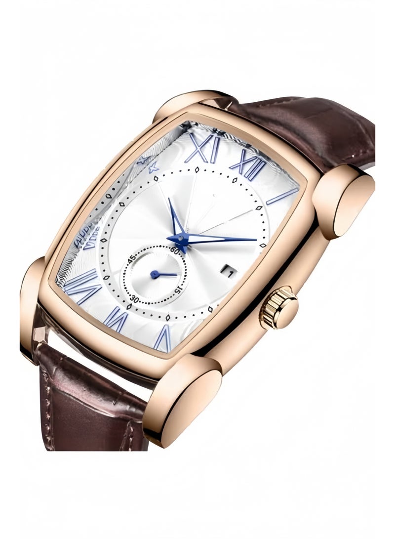 HALAMODO Men's Square Watch Roman Numeral Analog Quartz Wristwatch Vintage Leather Cuff Watch Luminous Pointer Scale Dial Brown Leather Strap Classic Business Casual Wrist Watch - Image 3