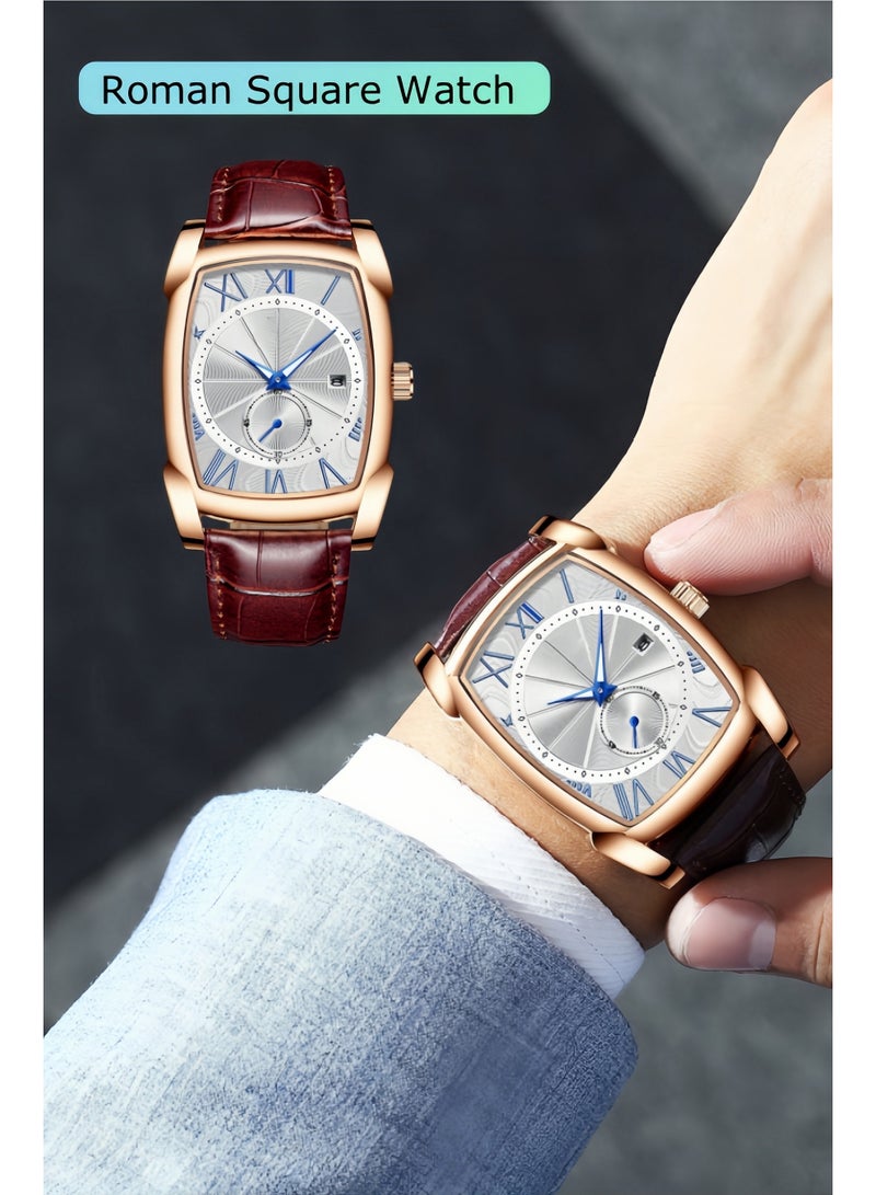 HALAMODO Men's Square Watch Roman Numeral Analog Quartz Wristwatch Vintage Leather Cuff Watch Luminous Pointer Scale Dial Brown Leather Strap Classic Business Casual Wrist Watch - Image 1