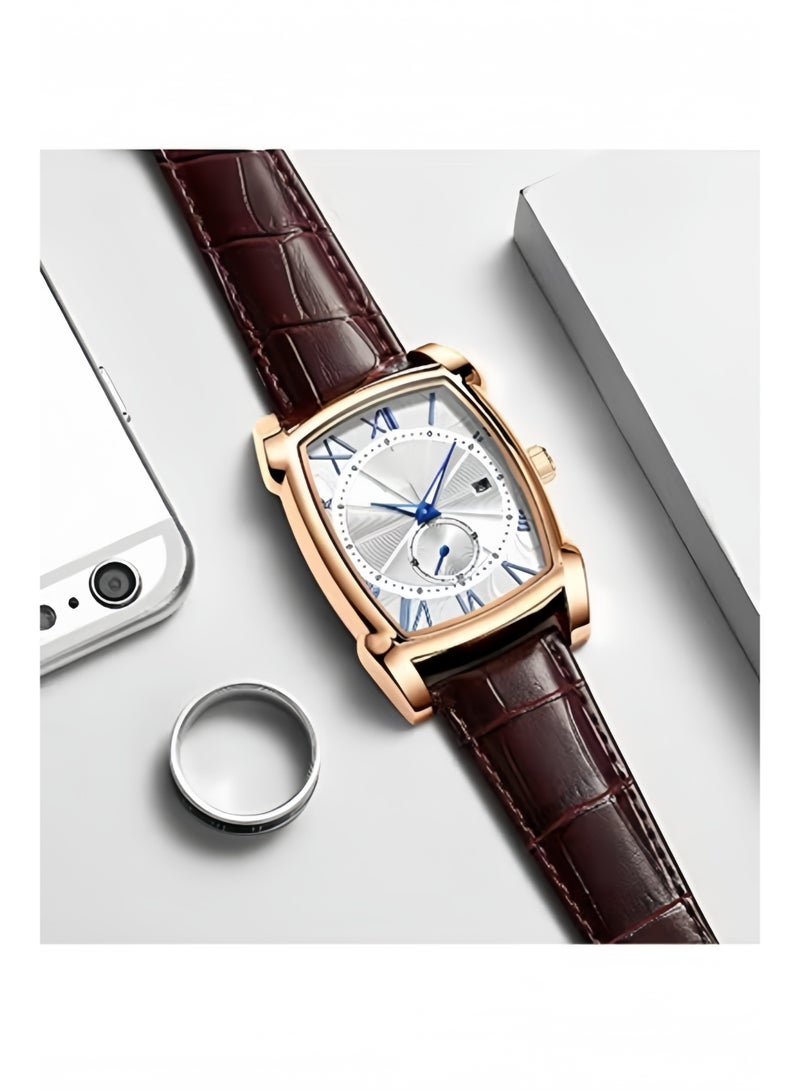 HALAMODO Men's Square Watch Roman Numeral Analog Quartz Wristwatch Vintage Leather Cuff Watch Luminous Pointer Scale Dial Brown Leather Strap Classic Business Casual Wrist Watch - Image 4