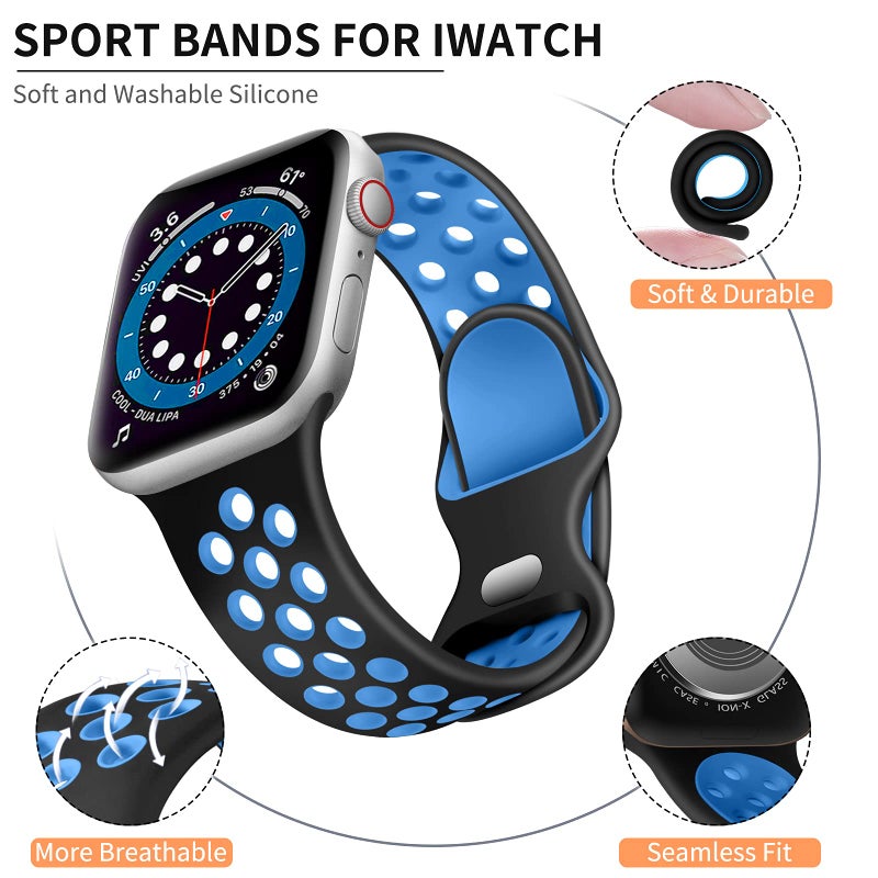 Lerobo Bands Compatible with Apple Watch Band 45mm 44mm 42mm 46mm 49mm Women Men, Breathable Sport Soft Silicone Replacement for iWatch Ultra SE 3 2 1 Series 11 10/9/8/7/6/5/4/3/2/1,Black/Blue - Image 2
