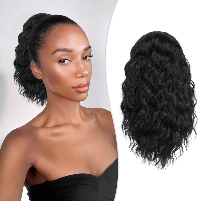 RUWISS Curly Drawstring Ponytail Extension for Black Women12 inch Natural Black Afro Kinky Ponytail Synthetic Hairpiece for Daily Party Use