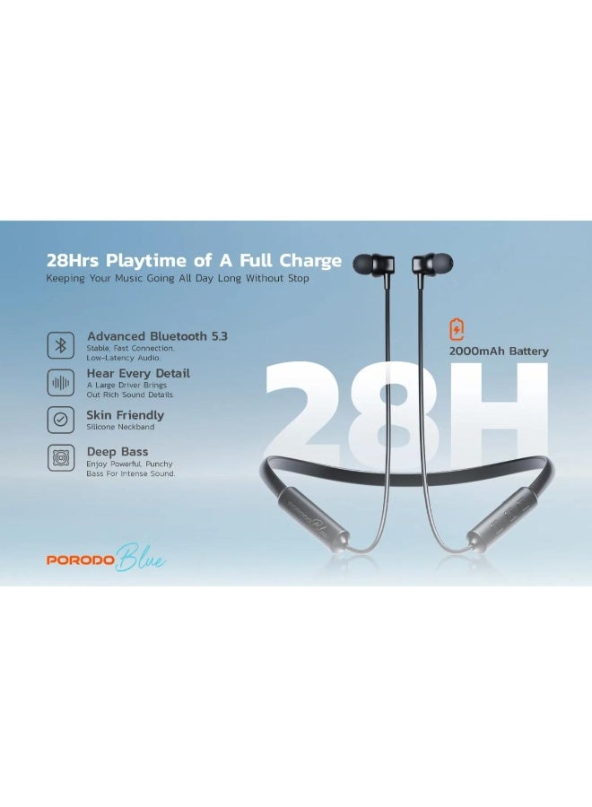 Porodo Blue ENC Wireless Neckband In-Ear Earphones Bluetooth 5.3, 28H Playtime, Deep Bass, 200mAh Battery - Image 5