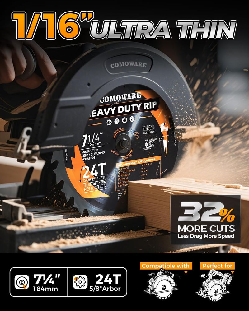 COMOWARE 7-1/4“ Circular Saw Blade 10pcs, 24T ATB Circular Saw Blade, 5/8" Arbor, Laser-Cut Ultra-Thin Kerf, Anti-Vibration, Teflon Anti-Stick, Miter Saws Blades for Hardwood and Precision Cutting - Image 2