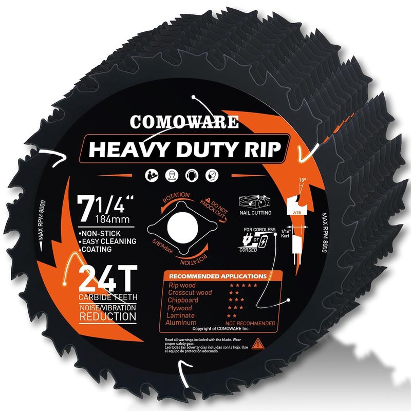 COMOWARE 7-1/4“ Circular Saw Blade 10pcs, 24T ATB Circular Saw Blade, 5/8" Arbor, Laser-Cut Ultra-Thin Kerf, Anti-Vibration, Teflon Anti-Stick, Miter Saws Blades for Hardwood and Precision Cutting - Image 1