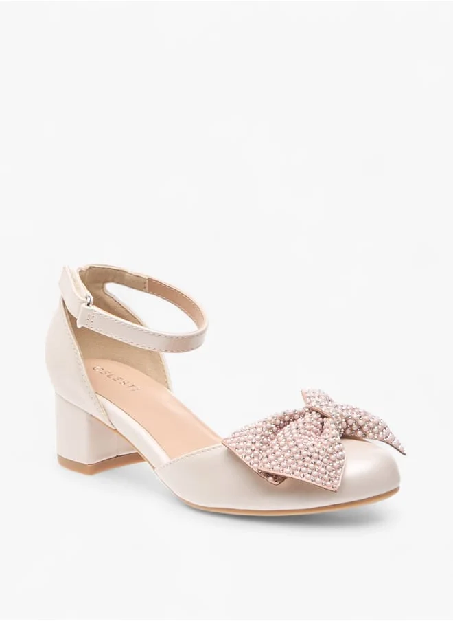 سيليست Girls Bow Embellished Block Heel Shoes With Hook And Loop Closure
