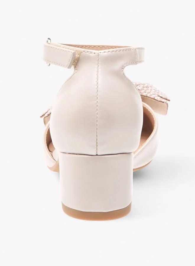 Celeste Girls Bow Embellished Block Heel Shoes With Hook And Loop Closure