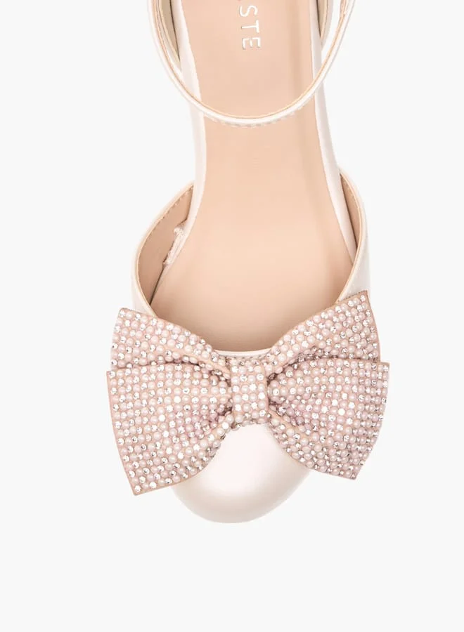 Celeste Girls Bow Embellished Block Heel Shoes With Hook And Loop Closure