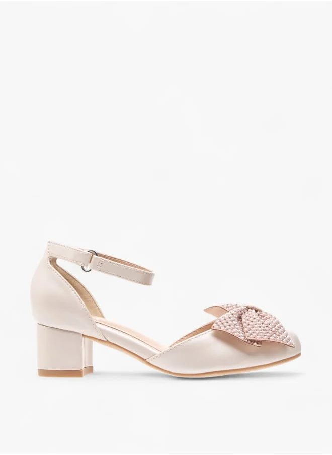 سيليست Girls Bow Embellished Block Heel Shoes With Hook And Loop Closure