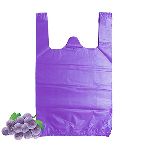 LazyMe T-Shirt Carry-Out Bags Plastic Grocery Bags with Handles Shopping Bags in Bulk Restaurant Bags, Standard Supermarket Size,12 x 20 inch (Purple 100 Pcs) - Image 1
