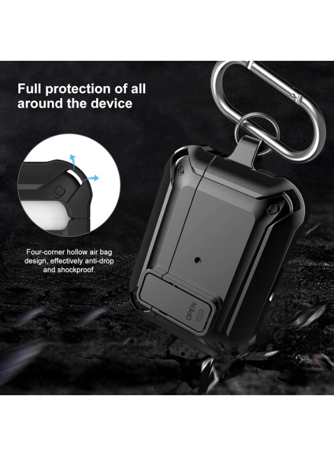 جراب AirPods Pro مع سلسلة مفاتيح، قفل آمن، غطاء واقٍ متين مقاوم للصدمات والخدوش، بتصميم عسكري، مناسب لسماعات AirPods Pro 2019، مع مؤشر LED أمامي مرئي - (أسود) - Image 5