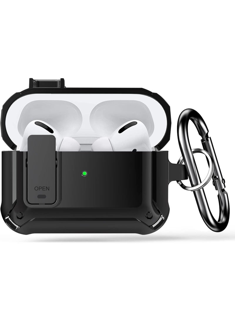 جراب AirPods Pro مع سلسلة مفاتيح، قفل آمن، غطاء واقٍ متين مقاوم للصدمات والخدوش، بتصميم عسكري، مناسب لسماعات AirPods Pro 2019، مع مؤشر LED أمامي مرئي - (أسود) - Image 1