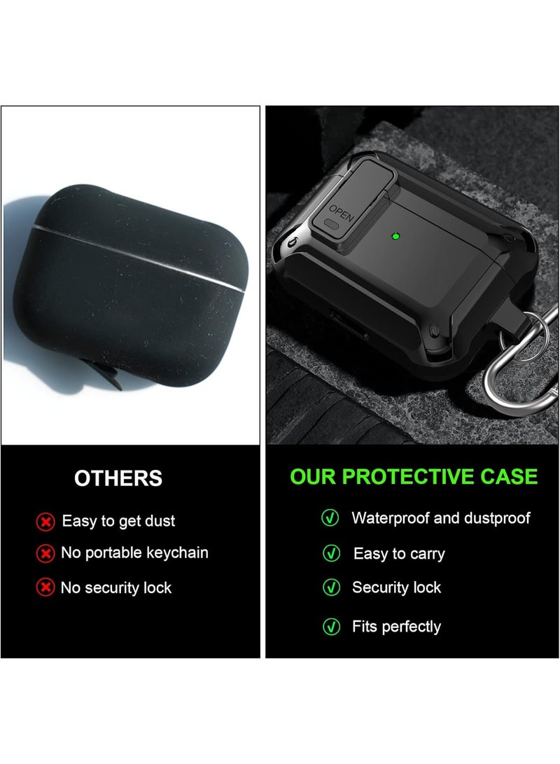 جراب AirPods Pro مع سلسلة مفاتيح، قفل آمن، غطاء واقٍ متين مقاوم للصدمات والخدوش، بتصميم عسكري، مناسب لسماعات AirPods Pro 2019، مع مؤشر LED أمامي مرئي - (أسود) - Image 4
